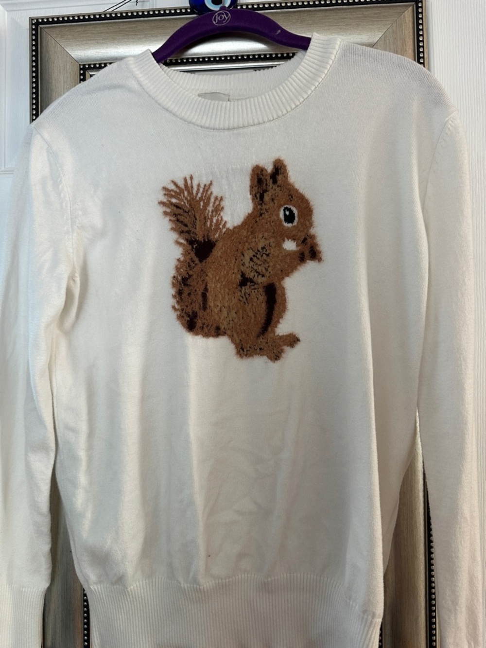 Maeve Cream Crewneck Sweater with Brown Squirrel Intarsia